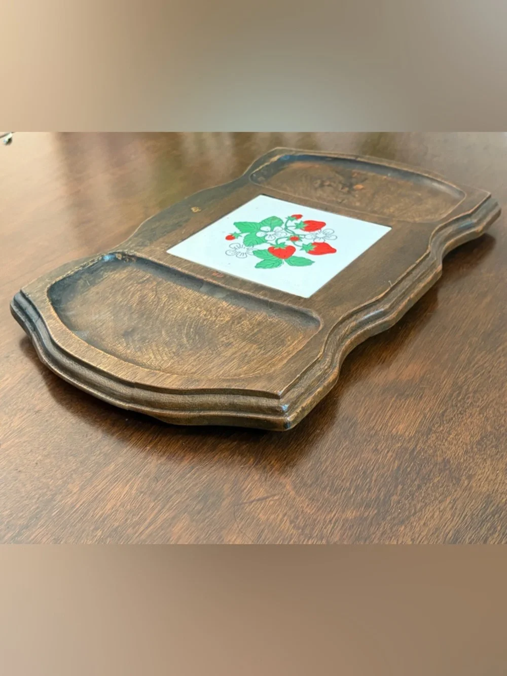 Vintage Ceramic Strawberry Tile Wooden Serving Tray Platter Cottagecore Decor